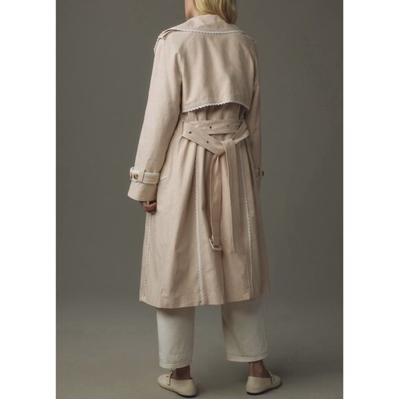 Avec Les Filles Anthropologie Rickrack Trench coat Beige Large Cotton Linen Lace - Picture 2 of 16